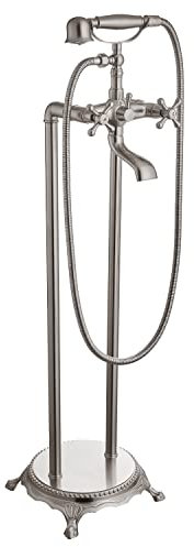 Cinwiny Freistehende Badewannenarmatur aus gebürstetem Nickel, Bodenmontage, Wannenfüller, doppelte Kreuzknöpfe, Badezimmer-Mischbatterie mit Handbrause, Telefonform