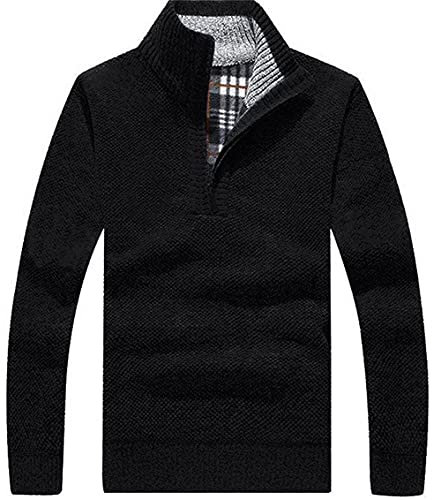 Les umes Mens Quarter Zip Jumper Plaid Fleece Lined Knit Turtleneck Sweater Warm Long Sleeve Stand Collar Pullover Black L
