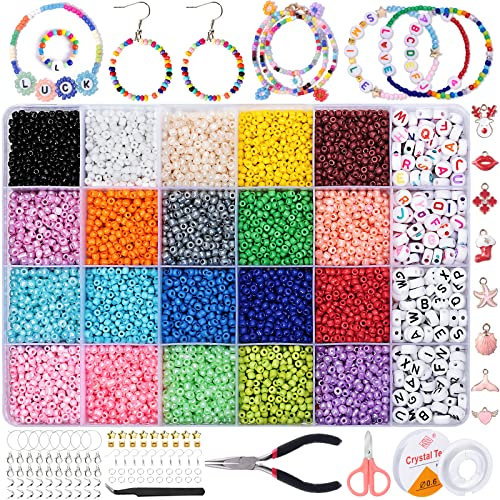 AOLLEN 3mm Abalorios para Hacer Pulseras, 9600 piezas Cuentas de Colores Cristal Vidrio et 240 piezas Abalorios Letras, DIY Kit Bolitas para Hacer Pulseras Collares Bisutería Niños Aadultos