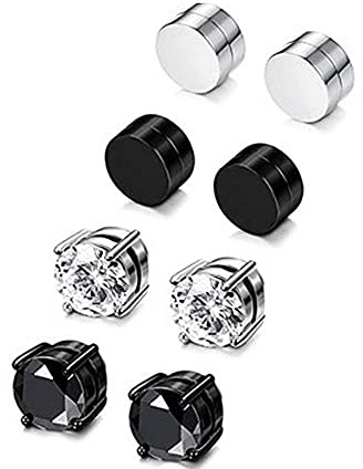 Stainless Steel Magnetic Non-piercing Biker Stud Earrings Set Cubic Zirconia Hypoallergenic Earring for Mens Women