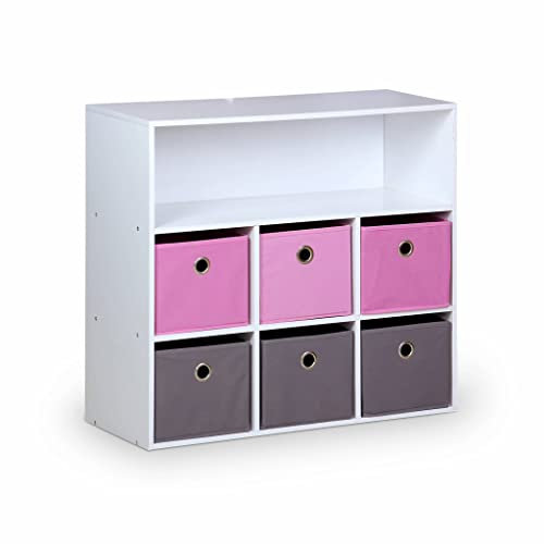 Kinderschrank in weiß - Camille - mit 7 Fächern und 6 Ablagekörbe in grau und rosa