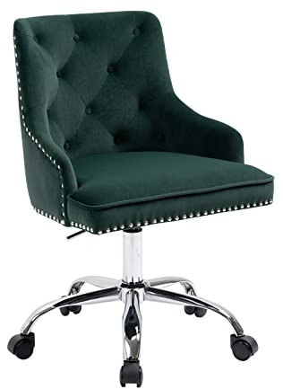 Sepnine Bürostuhl Samt, Schreibtischstuhl Aesthetic Mädchen, Schminkstuhl mit Rollen, Drehstuhl mit Silbernen Stuhlbeinen, Höhenverstellbar, Studie, Büro, Schlafzimmer, Bis 135 kg, Dunkelgrün