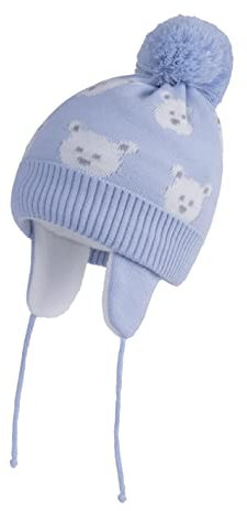 LANGZHEN Kleinkind Kinder Strickmütze Fleece gefüttert Warme Strickmütze für Baby Boys (Hellblau-Bär, S,6-12 Monate)