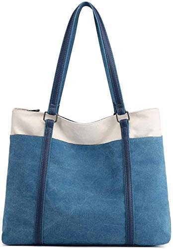 zhongningyifeng Borsa tote da donna, grande borsa a tracolla in tela per viaggi, lavoro, borsa multi tasche, Blu, L