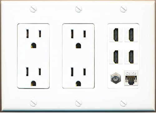 4 HDMI Coax Cat5e Wall Plate - (3 Gang 2xOutlet-White)