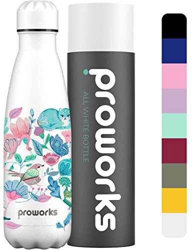 PROWORKS Bouteille d'eau Isotherme, sans BPA, Gourde INOX Reutilisable pour Maintien Chaud de 12 Heures & du Froid Jusqu’à 24 Heures, Sport, Gym, Voyage 1 Litre - Tout Blanc - Forest Folkart