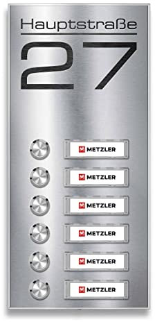 Metzler Aufputz Funkklingel für Mehrfamilienhäuser - V2A Edelstahl - Austauschbare Namensschilder - Inkl. Gravur (Straßenname) - wählbare Namensschild & Drucktaster-Beleuchtung - 6-Fach | Tara M6