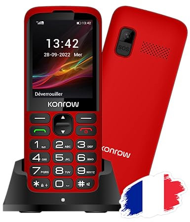 Konrow Senior 280 - Grosses Touches - Très Facile d'Utilisation - Écran 2,8'' Lisibilité Optimale - Double Sim - Station de Charge - Bouton SOS - Appareil Photo et Bluetooth - 32Mo RAM - Rouge