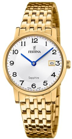 Festina Swiss Made Damenuhr Analog aus Edelstahl 316l Goldfarben | Quarzwerk, Widerstandsfähiges Saphirglas, Wasserdicht 5 ATM, Kalender F20021/4