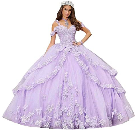 TSxuelian Vestidos de quinceañera con hombros descubiertos para mujer, con tirantes delgados, vestidos de baile de boda, Lila, 46