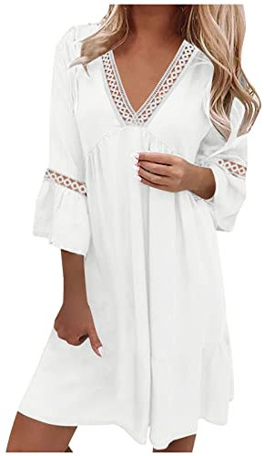 Susenstone Robes en Dentelle Femmes Fête Mariage Manches 3/4 Été Col V Robe Mi-Longue Décontractée Courtes Gradient Imprimé Coupe Ample Plage Vacances d'été Une Ligne Évasée Swing #09 Blanc XXL