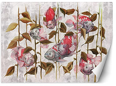 Premium Vinyl Fototapete Koi Karpfen Tiere 254x184 cm XXL Wandtapete Tapeten Wohnzimmer Schlafzimmer Jugendzimmer Büro Flur Hotel Spa Moderne Design Wand Dekoration Japan Orient Abstrakt Rot