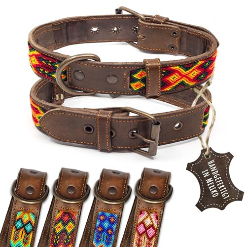 ALTEZAR Lederhalsband Hund - Doppelt Tribal Bestickt Feuerrot Braun - Hochwertig verarbeitetes Hundehalsband Leder - Handgemacht in Mexiko - Größe M - Halsband Hund für mittel-große Hunde Leder breit