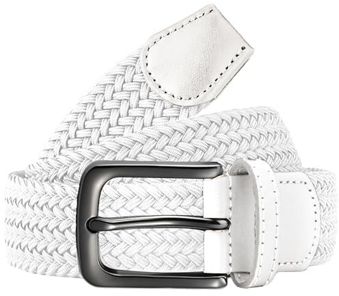 Bon4Extrao Elastischer Gürtel Herren Weiß, Geflochtener Stretch Gürtel Herren ohne Löcher 35mm für Lässige Anzug Golf Hose, Flechtgürtel Stufenlos Verstellbar