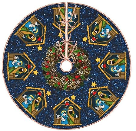 JHSLAJ Christmas Tree Skirt Linen Nativity Stable Scene Xmas Tree Skirt Decorations Christmas Tree Mat for Christmas Party-36