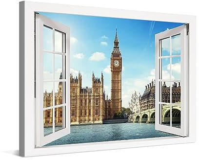 PICANOVA – Leinwandbild 120x80cm London Big Ben Fenster – Leinwanddruck – Wandbild Kunstdruck Auf 2cm Holz-Keilrahmen Für Schlaf- Und Wohnzimmer Wanddekoration – Bild auf Leinwand