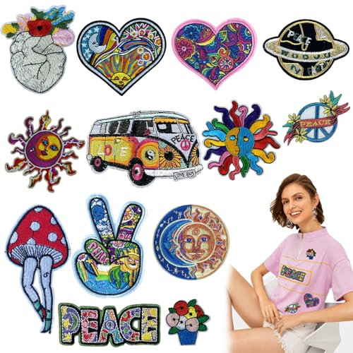 13 PCS Embroidered Assorted Iron on Patches for Clothing, Sew on Repair Patches and Badges, Fabric Repair Patches Cute Sewing Applique for Jackets, Hats, Backpacks, Jeans, DIY Accessories