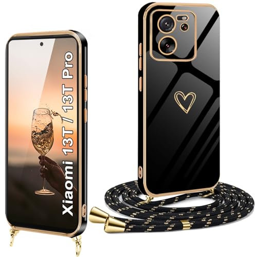 XCYYOO Handykette für Xiaomi 13T/ Xiaomi 13T Pro Hülle mit Band,Handyhülle Xiaomi 13T mit Kette Galvanisierte Kratzfest Schutzhülle zum umhängen Silikon Stoßfest Case mit Herz Love Design
