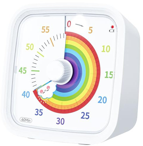 Yunbaoit Visueller Timer mit Schutzhülle, Regenbogen-Scheibe 60-Minuten-Countdown-Timer für Kinder und Erwachsene, leises Time Management-Werkzeug(Weiß Regenbogen)