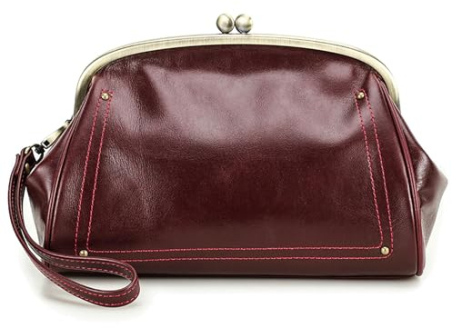 Karoukee Damen Echtleder Handgelenkstasche, Vintage Mehrfächer Geldbörse, Damen Elegante Kiss-Lock Handtasche, Handy Clutch Tasche für Frauen