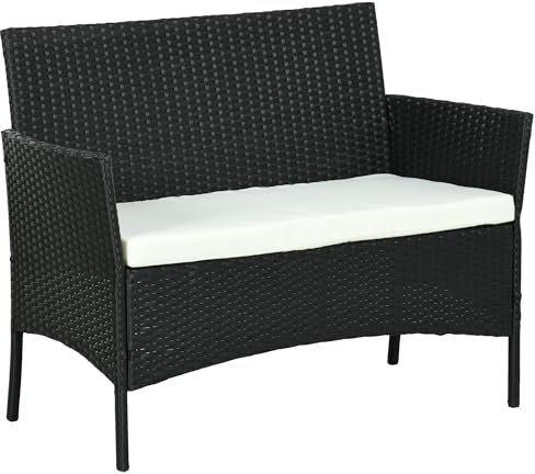 Outsunny Rattan PE und Stahl Gartensofa, 2-Sitzer Outdoor Sofa mit Kissen und Armlehnen, 100x54x80cm, Schwarz