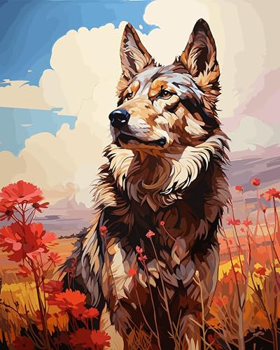 TISHIRON Dog Paint by Numbers Kit for Adults, Beautiful Animal Dog Paint by Numbers with Paintbrushes and Acrylic Pigment, Flower Field Paint by Numbers Kit for Adults Beginner 16x20 Inch Frameless