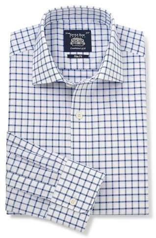 THE SAVILE ROW COMPANY LONDON Men's Slim Fit Cotton Poplin Long Sleeve Formal Shirt - Single Cuff - Dark Blue White Window Check - 15.5 Collar - Standard