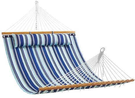VEVOR Hängematte 3,66 m Doppelhängematte mit Spreizstangen aus Hartholz, Gesteppte Hängematte für 2 Personen mit abnehmbarem Kissen und Ketten für Camping, Terrasse, Strand, 218 kg Tragkraft