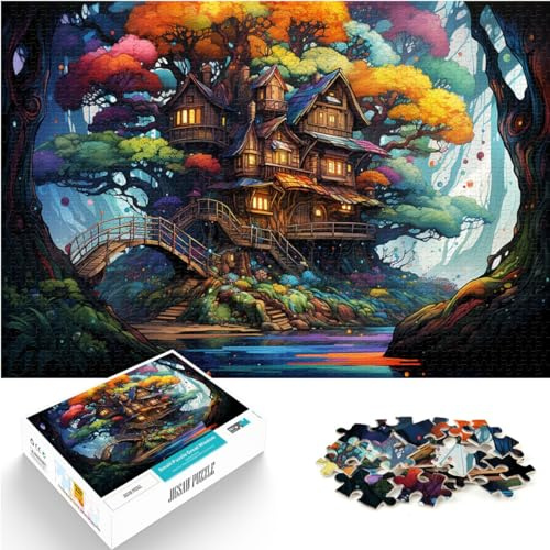 Spielzeug-Puzzle, farbenfrohes und psychedelisches Baumhaus im Wald, 1000-teiliges Puzzle für Erwachsene, Holzpuzzle, Lernpuzzle (50 x 75 cm)
