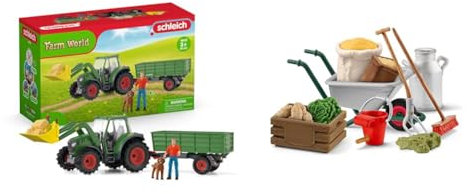SCHLEICH 42608 Traktor mit Anhänger , ab 3 Jahren, Farm World & Farm World 42610 Bauernhof Zubehör Set für Pferde und Tiere