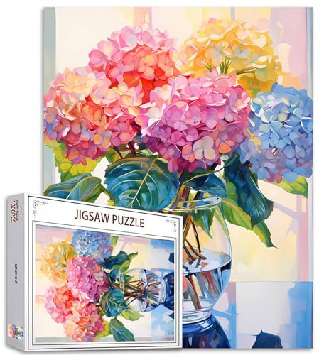 Hydrangea in Glass Vase Jigsaw Puzzle 1000 Pieces Puzzles for Adults, Blossom Flowers Jigsaw Puzzles for Challenging Family Activity Games DIY Puzzle for Home Wall Decor Gifts - 20 x 27 Inches