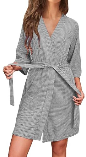 Waffle Dressing Gowns Women Kimono Robe Cotton Lightweight Bathrobe for All Seasons Spa Hotel Sleepwear Womens Dressing Gown Waffle Soft Kimono Robe V-Neck Short Knit Bathrobe Nightwear