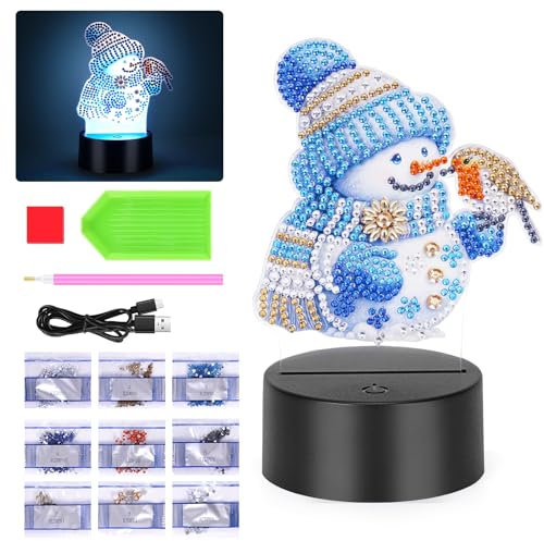 Starnearby DIY Diamond Painting Schneemann Lampe, Doppelseitig Diamond Painting Nachtlicht Bastelset Mädchen, Diamond Painting Weihnachten Deko Diamantmalerei Kunst Set Ornamente Hausgeschenk Deko