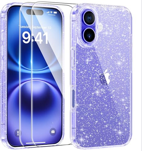 AROYI 3 in 1 Clear Glitter Case Compatible with iPhone 16 Case with 2 Tempered Glass Screen Protector, Soft Bumper Anti-Scratch Sparkle Bling Women Girls Phone Case for iPhone 16 6.1, Purple