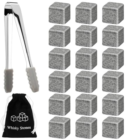 X-BLTU 18 Pcs Small Whiskey Stone Rocks, Whisky Accessories Set | Reusable Granite Ice Cubes, Whiskey Rocks with 2 Pcs Velvet Bags and a Non-slip Ice Clip, for Men-Ideal for Wine Drinks Beer