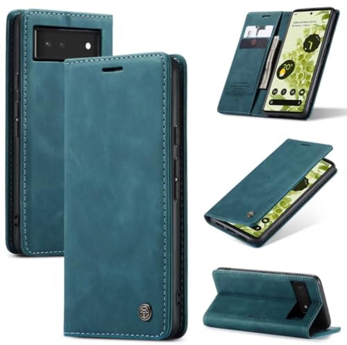 SLWYF Handyhülle für Google Pixel 6 Hülle, PU Leder Flip Tasche Klappbar Magnet Wallet Lederhülle, Silikon Bumper Klapphülle Case mit Kartenfäch für Google Pixel 6, Blaugrün