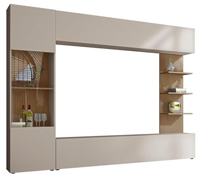 Wohnwand Lazando, Anbauwand, Mediawand, Schrankwand bestehend aus Hängeschrank, Vitrine, TV-Lowboard und Wandregal (Cashmere/Cremona Eiche)
