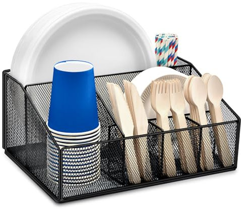 Paper Plate Holder for Countertop, Paper Plate Dispenser, Metal Silverware Caddy with 6 Compartments, Picnic and Camping Utensil Holder for Plates, Cups, Napkins, Forks, Knives,Spoons(12.5x9.2x6In)