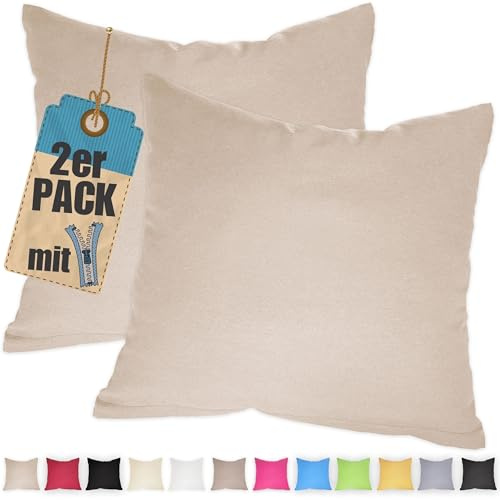 2er Pack Kissenbezug 60x60 cm Beige Baumwolle Kissenhüllen | Doppelpack, Reißverschluss verdeckt, waschbar, atmungsaktive Baumwoll-Mischgewebe (85% BW, 15% Poly), Kopfkissenbezug