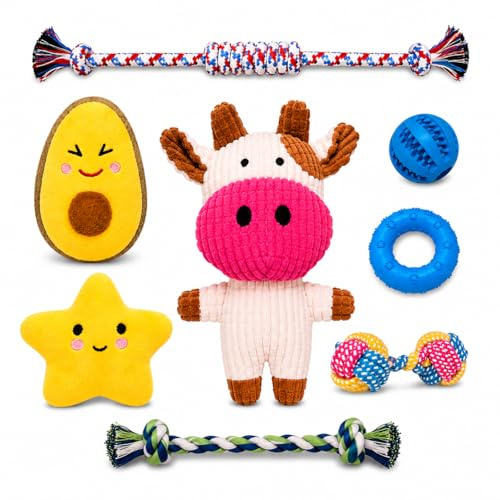 WOOF&MIAU® Pack 8 Juguetes para Perros | Juguetes para Perros pequeños | Juguetes para Cachorros | Juguetes interactivos para Perros pequeños| Peluches, Cuerdas, Mordedor y Pelota Rellenable
