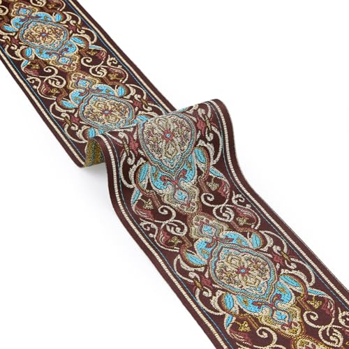 Hobbspring 6.25Yard Boho Jacquard Polyester Band Breit Vintage Blaue Blumen Stoffband Applikation Bestickte Blumen Nähen Applikationen Damenbekleidung Dekorationen Bastelbedarf