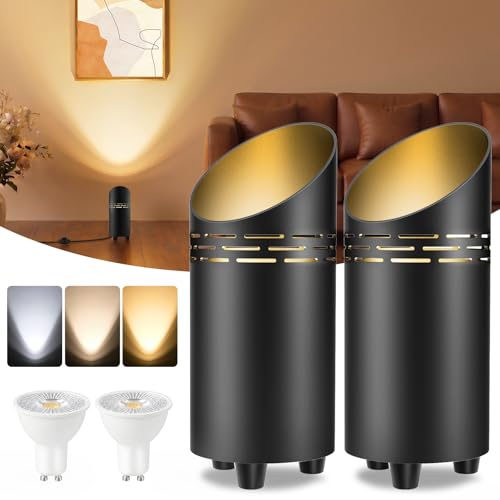 T-SUN 6W LED Uplight Spot con Interruptor de Pie & GU10 Lámpara LED, 2 Pcs | Lámpara de Suelo con 1,8 Metros Cable, Luz Cálida/Natural/Blanca Fría, Lámpara de Pie para Interiores Plantas Murales( Negro)