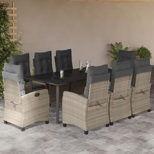 YuuSsea 9-TLG. Garten-Essgruppe mit Kissen Hellgrau Poly Rattan, Outdoor Möbel Set, Verstellbare Sessel, 200x100cm Glastisch, Terrassenmöbel