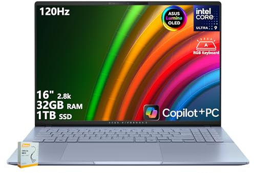 ASUS Vivobook S16 Copilot+ AI PC Laptop | 16 2.8k OLED 120Hz | Intel Core Ultra 9 285H | 32GB RAM 1TB SSD | RGB Backlit for Creator Designer Business Professional Win11 w/DLCA Accessory