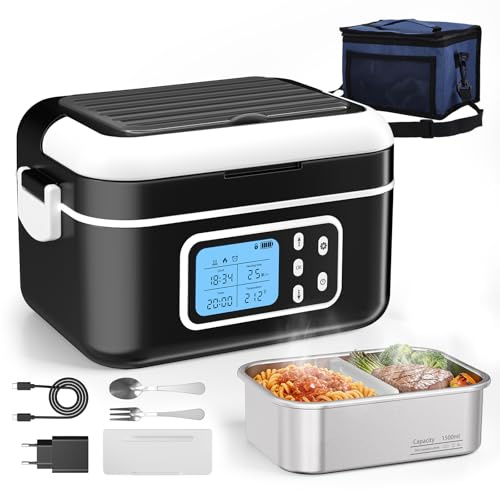 Pranzo Box Riscaldante, 1,5L Porta Pranzo Riscaldabile con Display LCD e Timer, Scalda Vivande Portatile Elettrico con Stoviglie in Acciaio Inossidabile e Borsa Termica per Auto Ufficio