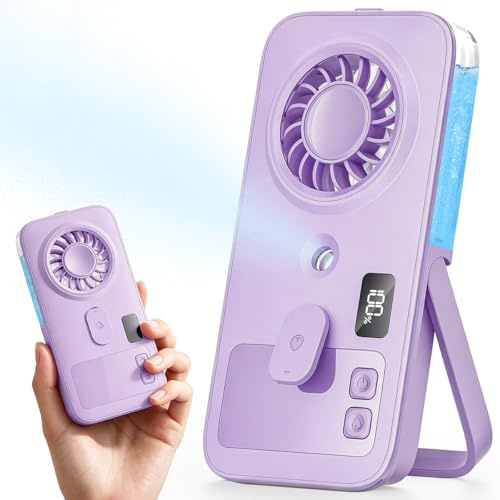 Otlonpe Mini Handheld Portable Mist Fan, Small Rechargeable Handheld Fan with Water Mist Spray, 4 Speeds, LED Display, Foldable Stand, Mini Personal Misting Cooling Fans for Travel