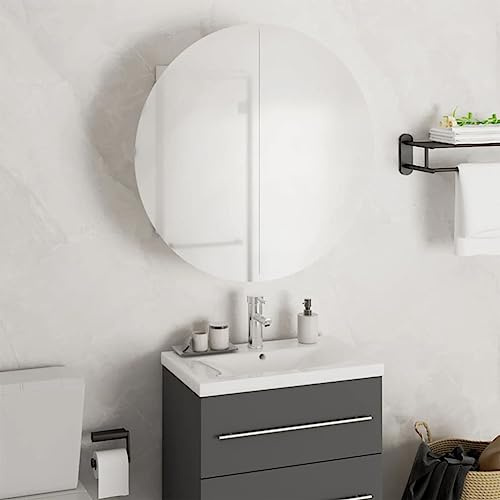 Tonture Armoire de Salle de Bain avec Miroir Rond LED Blanc 47x47x17,5 cm Meuble Rangement Mural en Bois d'ingénierie avec étagères et Porte pour Toilette, Douche, WC, buanderie
