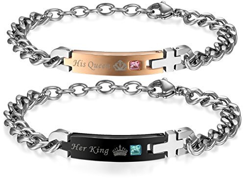 JewelryWe 2pcs Herren Damen Partner Paar Armband Freundschaftsarmband Lieben Valentinstag Pärchen Geschenk, Her King & His Queen, Edelstahl Strass, Schwarz Rosegold Silber, kostenlos Gravur