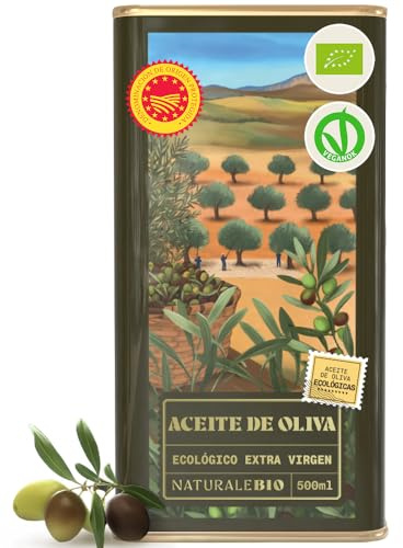 NaturaleBio Organic Olive Oil Extra Virgin 500ml. Harvested in Spain. D.O.P Certified. Premium Cornicabra and Picual Olives from Centenary Trees. Cold Pressed for Superior Flavour and Aroma.