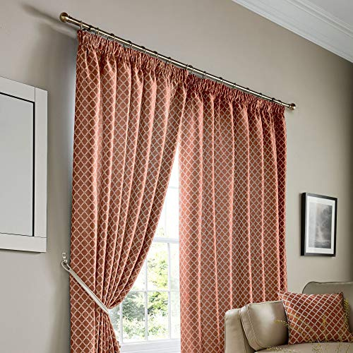 Alan Symonds Cotswold Fully Lined Jacquard Pencil Pleat Taped Top Curtains - Pair (Orange/Terracotta, 46 x 54 (117x137cm))